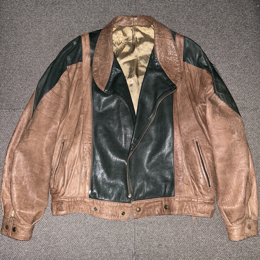 80s Vera PELLE Brown/Black Genuine Leather Bomber Jacket XL